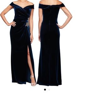 NWT Alex Evenings Off the Shoulder Ruched Velvet Gown